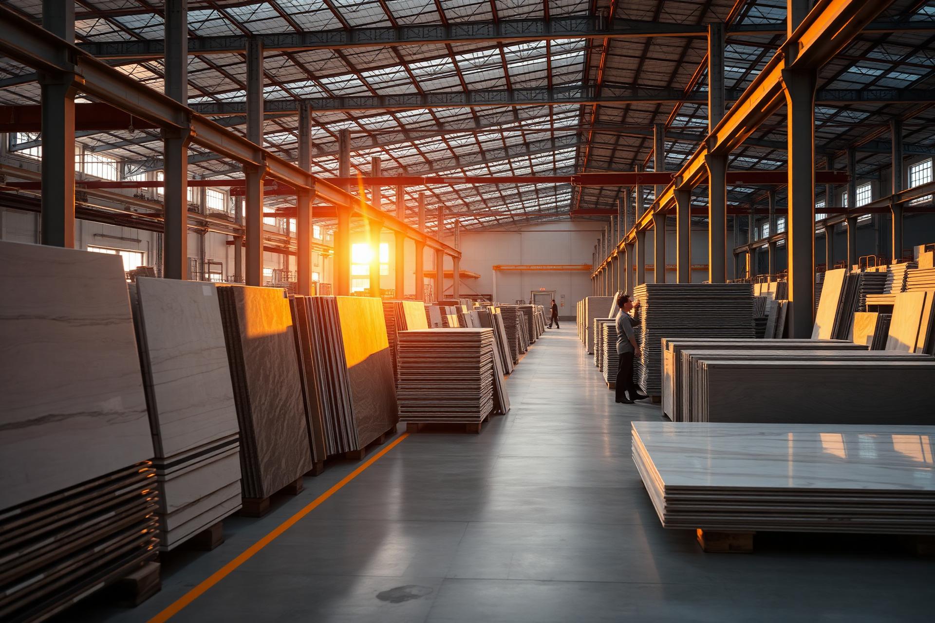 Foshan factory floor with stone slabs at golden hour